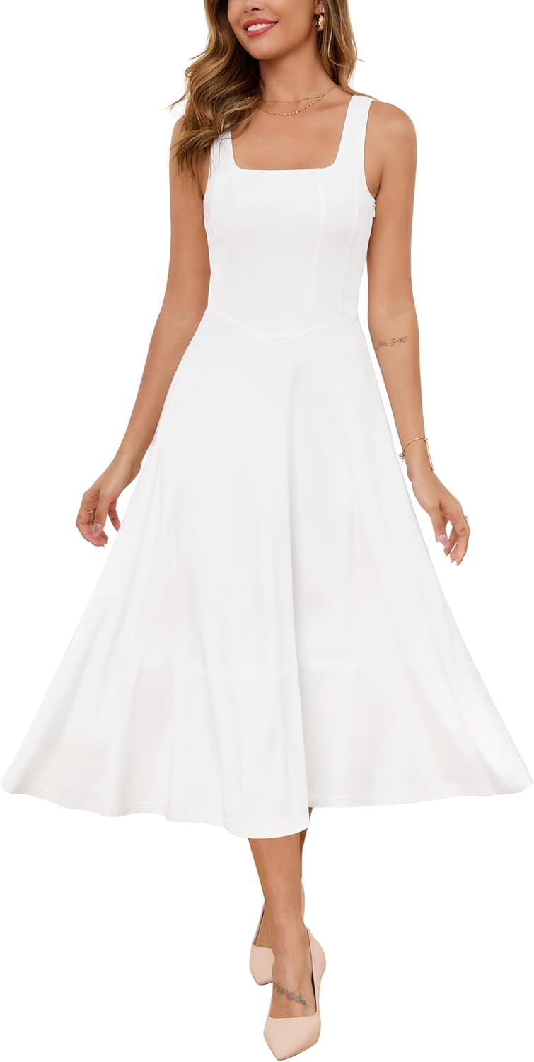 Zattcas Womens 2025 Spring Summer Square Neck Sleeveless Flowy Swing Midi Dress Wedding Guest Prom Cocktail Party Dress