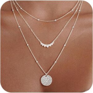 Layered Silver Necklaces for Women, Sterling Silver Stackable Stack Choker Necklaces Trendy Real Gold Plated Layering Disc Circle Pendant Chain Dainty Necklace Set Jewelry for Women