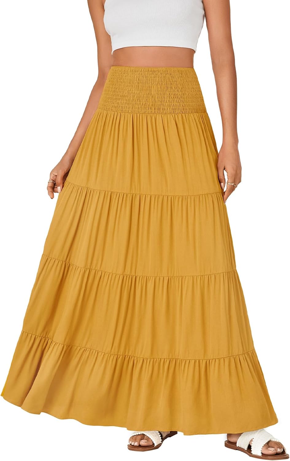 KIFOVEN Women’s Maxi Skirt Summer Elastic High Waist A-Line Long Skirt Flowy Tiered Ruffle Casual Boho Midi Skirt