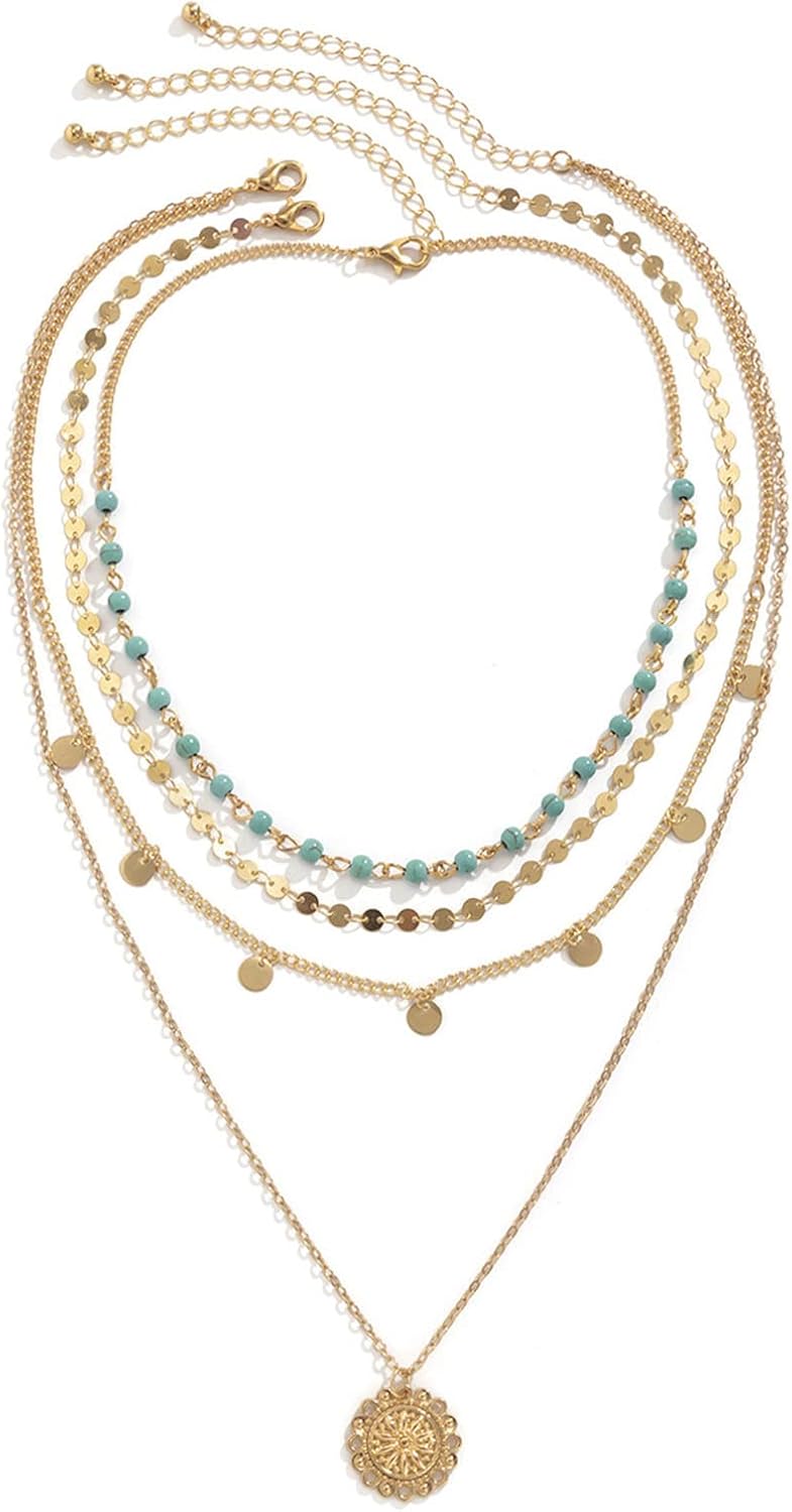 Gold Layered Turquoise Necklace for Women Multi Boho Long Necklace Bohemian Coin Pendant Necklaces Jewelry