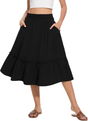 Women's High Waist Midi Skirts Summer Flowy Tiered Skirt with Pockets