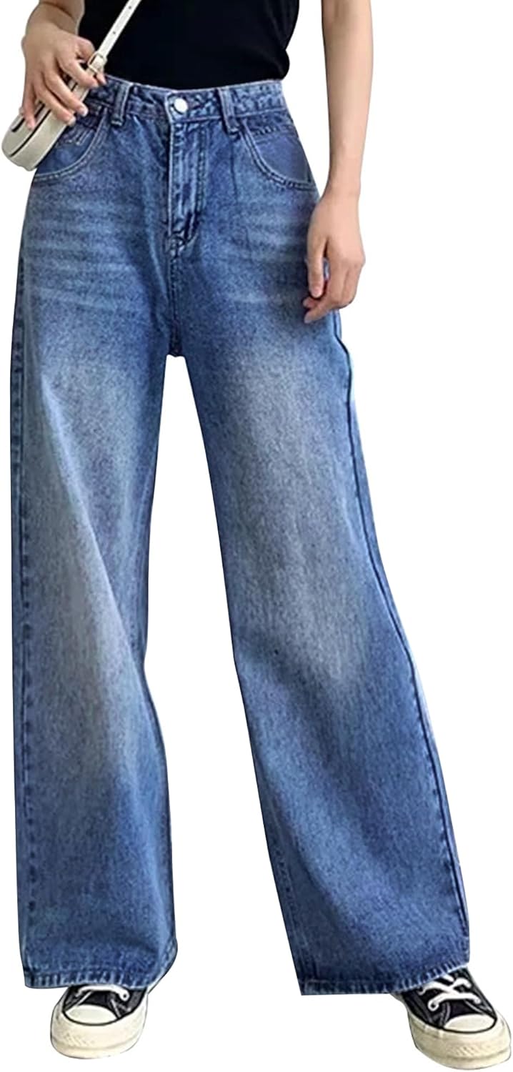 HDLTE Women Ripped Boyfriends Jeans Distressed High Waist Baggy Denim Pants Wide Leg Straight Trousers Y2k Streetwear Pants…