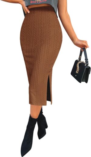 Zeagoo Womens Knit Midi Skirts Casual Pencil Skirt High Waisted Long Skirts with Slit Elegant Work Office Skirts