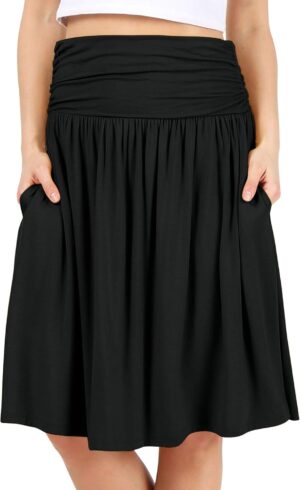 Simlu Skirts for Women Regular and Plus Size Skirt with Pockets Below The Knee Length Ruched Flowy Midi Skirt