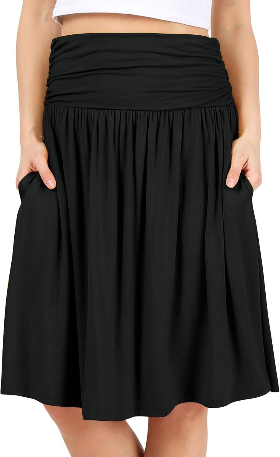 Simlu Skirts for Women Regular and Plus Size Skirt with Pockets Below The Knee Length Ruched Flowy Midi Skirt