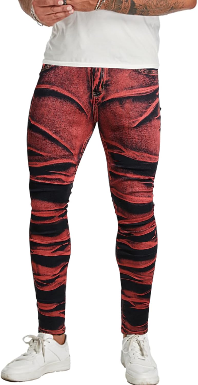 Mens Skinny Jeans Slim Fit High Stretch Jeans Pants Fashionable Colorful Printed Tapered Denim Pants for Men