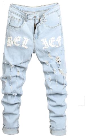 Mens Womens Lightweight Slim Fit Stretch Ripped Jeans Summer Spring Distressed Destroyed Denim Pan Skinny Jeans