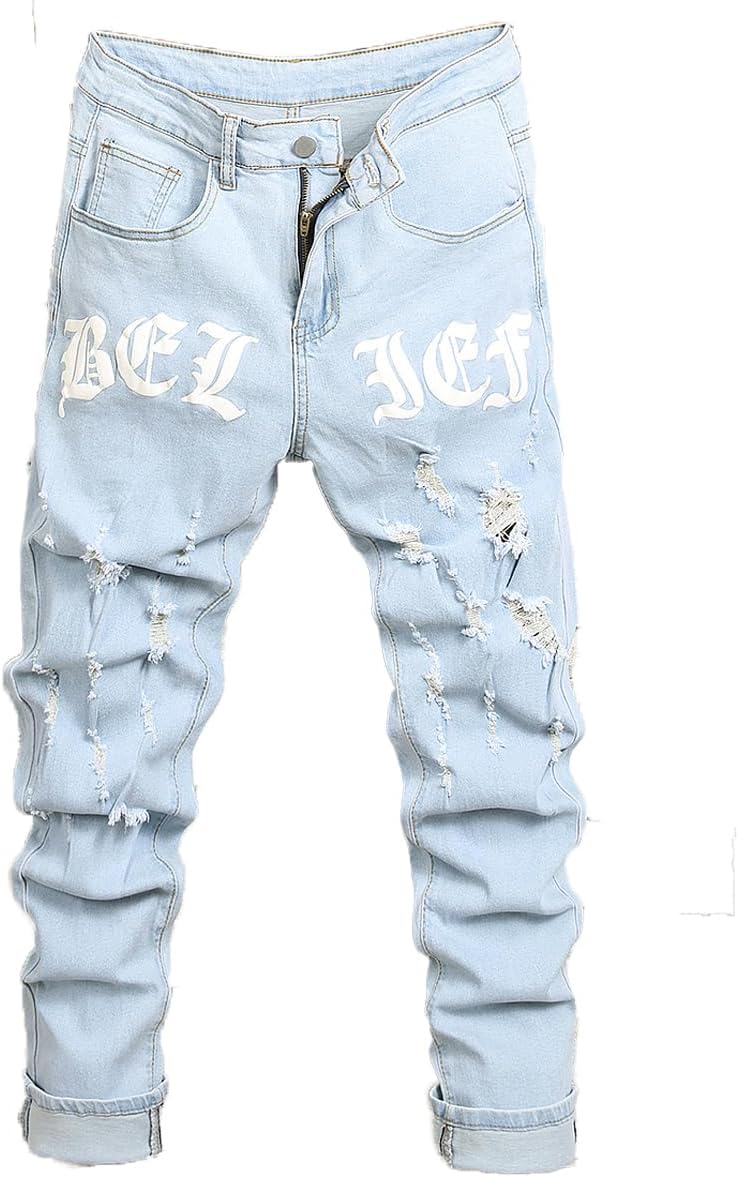 Mens Womens Lightweight Slim Fit Stretch Ripped Jeans Summer Spring Distressed Destroyed Denim Pan Skinny Jeans