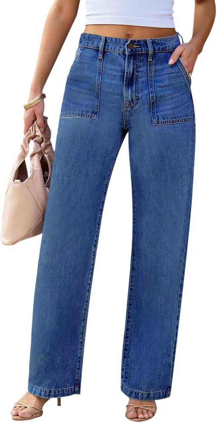 Womens Wide Leg Jeans High Waisted Carpenter Cargo Jeans Casual 90s Y2K Flap Pocket Straight Leg Jeans for Women