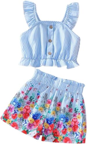 Kids Toddler Girls Summer Clothes Button Design Striped Tank Top + Floral-Print Elastic Shorts 2 Piece