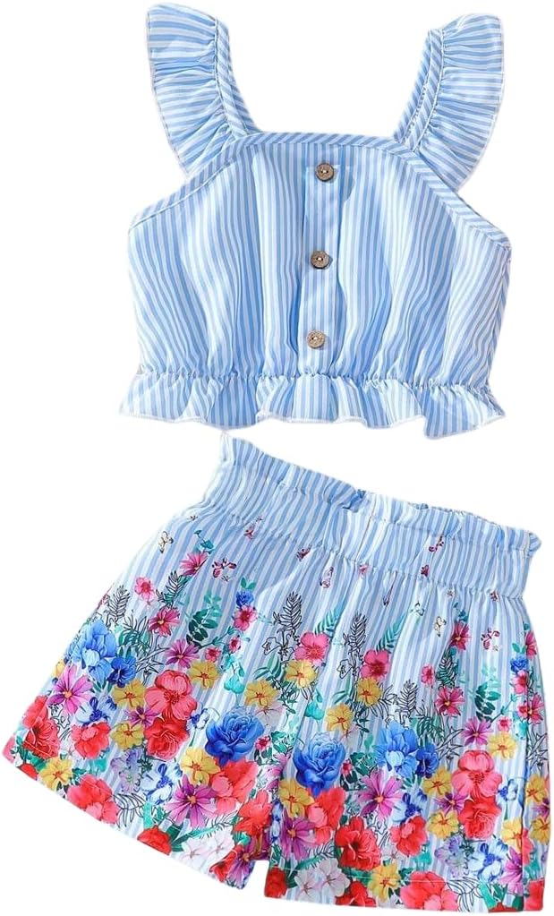 Kids Toddler Girls Summer Clothes Button Design Striped Tank Top + Floral-Print Elastic Shorts 2 Piece