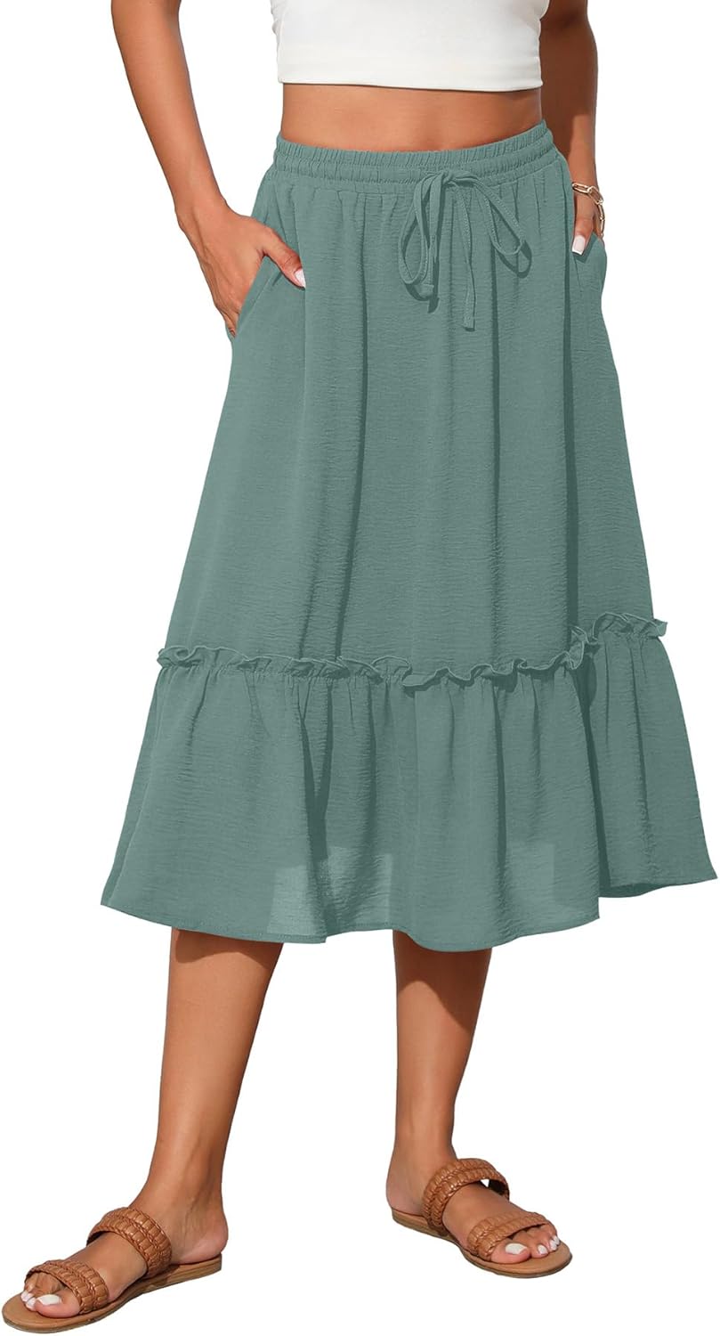 High Waist Tiered Skirts for Women Flowy Skirts for Women Below Knee with Pockets 2025 Fashion Trendy