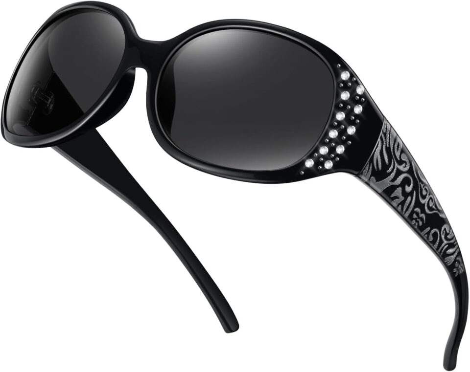 HAOLOTA Polarized Sunglasses for Women, Rhinestone Wrap Around Sunglasses with UV400 Protection
