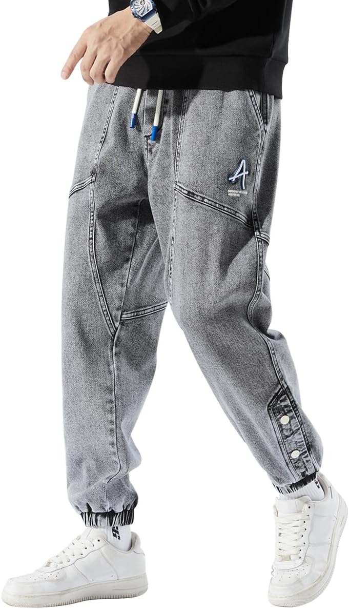 Men's Jean Joggers Denim Cargo Pants Streetwear Sweatpant Jeans with Drawstring Elastic Waist