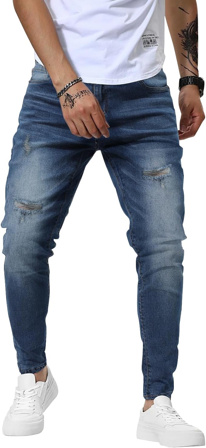 Woenzaia Mens Jeans Slim Fit Skinny Denim Stretch Tapered Jean Pants