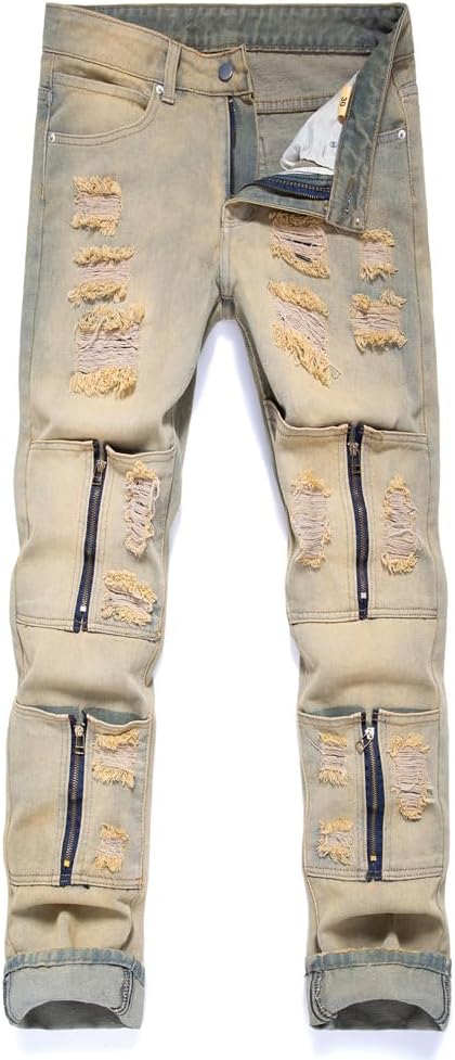 Men's Ripped Destroyed Straight Slim Fit Jeans Cargo Denim Pants Fashion Jean