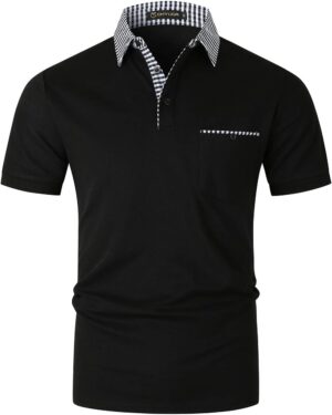GHYUGR Men's Polo Shirts Short Sleeve Slim Fit Polo Casual Plaid Splice T-Shirts