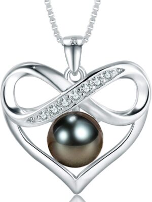 Black and White Pearl Heart Pendant Necklace - Gift for Women Wife Wedding Birthday Anniversary - Mom Girlfriend Her on Mothers Day Valentines Day Christmas - 18K Gold Plated Sterling Silver