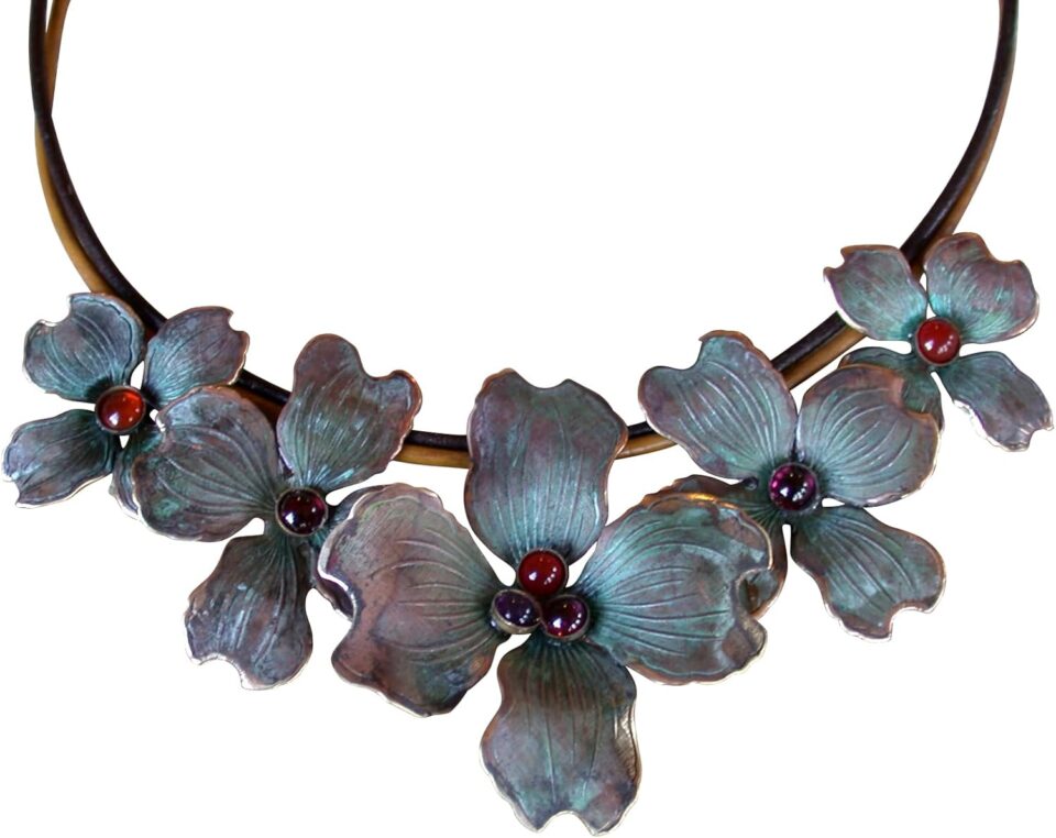 Elaine Coyne Collectible Artwear Verdigris Patina Brass Graduated Dogwood Flowers Necklace - Amethyst, Carnelian, Garnet