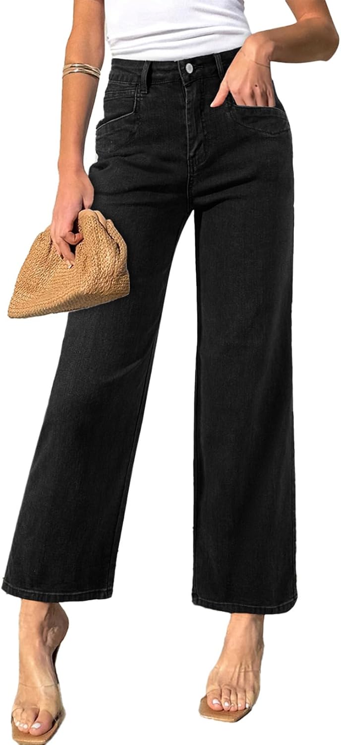 Sidefeel Women's Wide Leg Jeans High Waisted Stretchy Jeans Straight Leg Zimbaplatinum Ankle Denim Pants with Slant Pockets