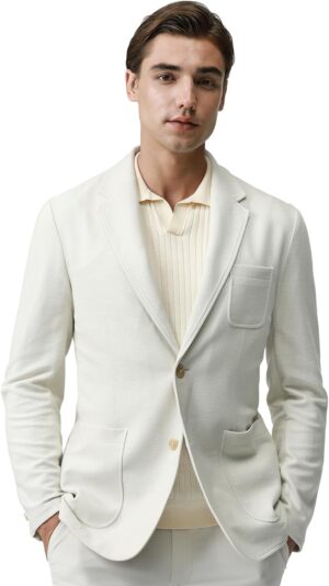 Blazer for Men Cotton Blend Sport Coat Knit Casual Jacket Half Lining Two Buttons Notch Lapel Double Vent
