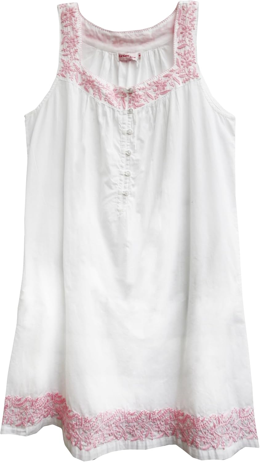 LA CERA Women's Cotton Embroidered Chemise, Sleeveless, Buttons, Hemline, Machine Wash, Side Pocket