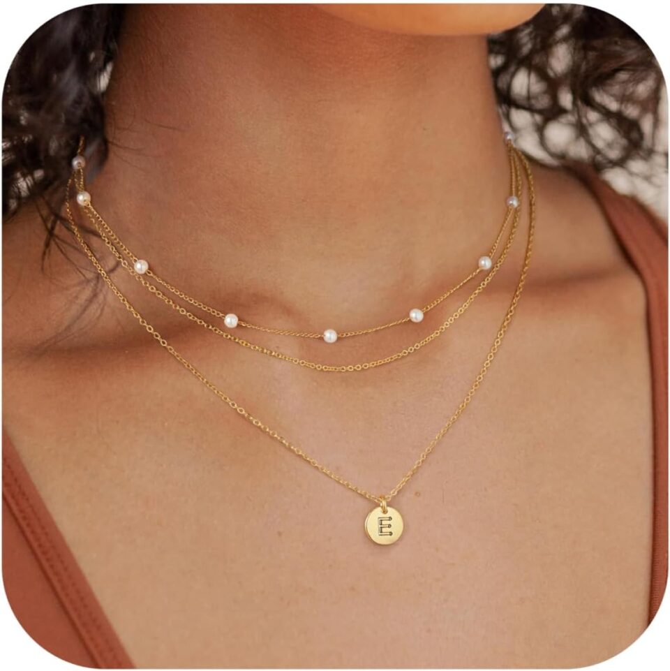 Turandoss Layered Pearl Necklaces for Women - Initial Necklaces, Dainty Gold Necklace, Initial Letter A-Z Pendant, Women's Gold Jewelry Gifts