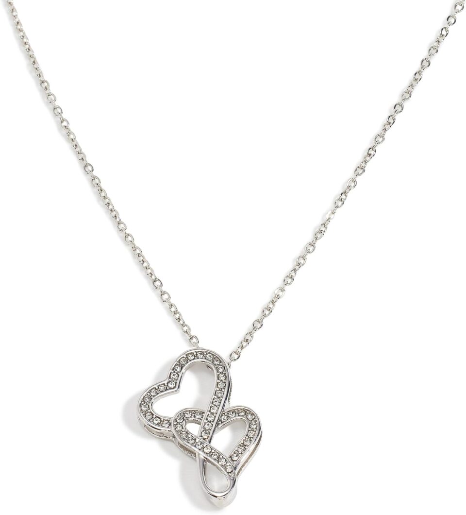 JTV Silver Tone White Crystal Double Heart Sliding Pendant Necklace – 22.5 Inch Elegant Jewelry for Women
