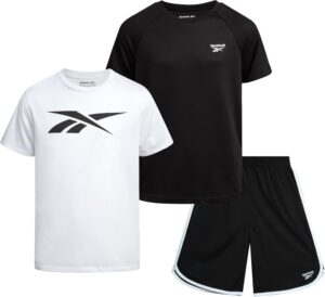 Reebok Boys Athletic Shorts Set - 3 Piece Summer Clothes Outfit with Graphic Tees and Boys Running Shorts for Active Kids