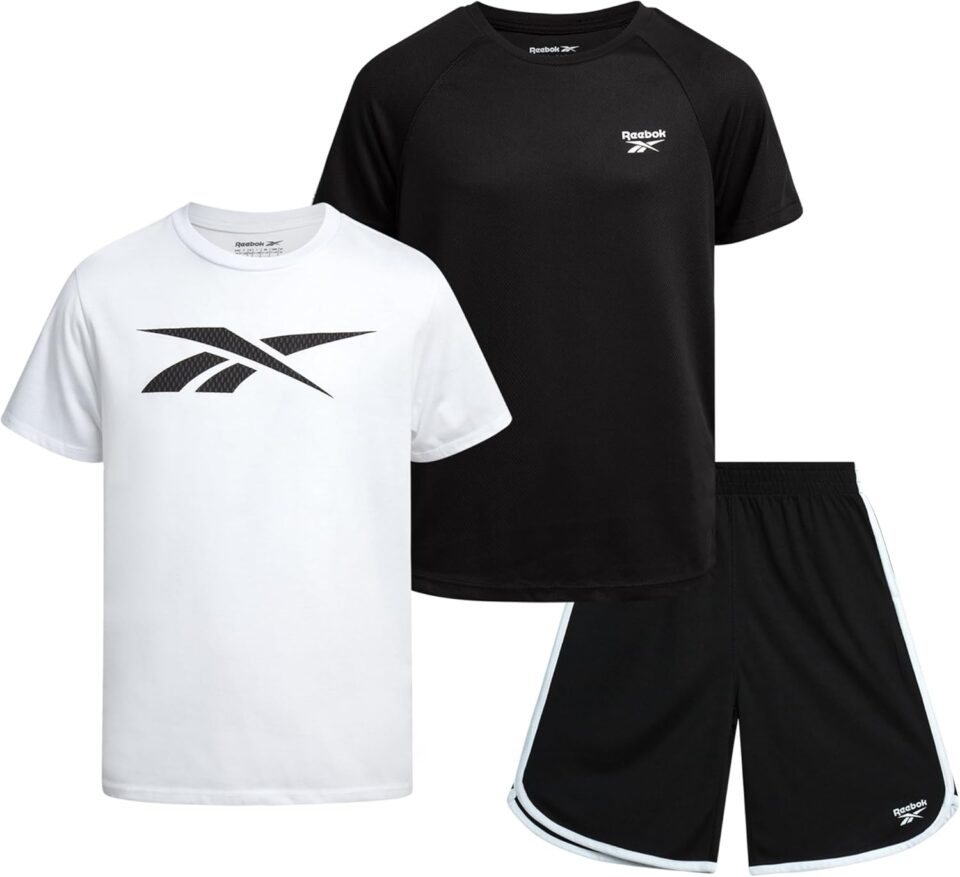 Reebok Boys Athletic Shorts Set - 3 Piece Summer Clothes Outfit with Graphic Tees and Boys Running Shorts for Active Kids