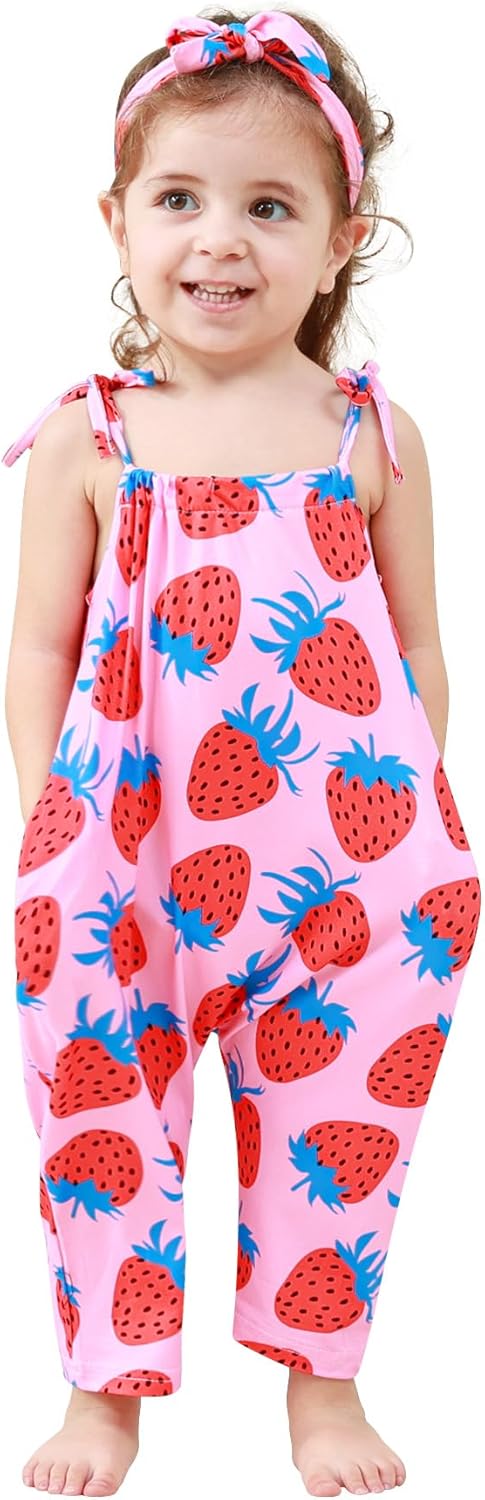 Toddler Baby Girls Romper Sleeveless Jumpsuit Summer Clothes Adjustable Tie-Up Strap with Pocket Headband 1-5T