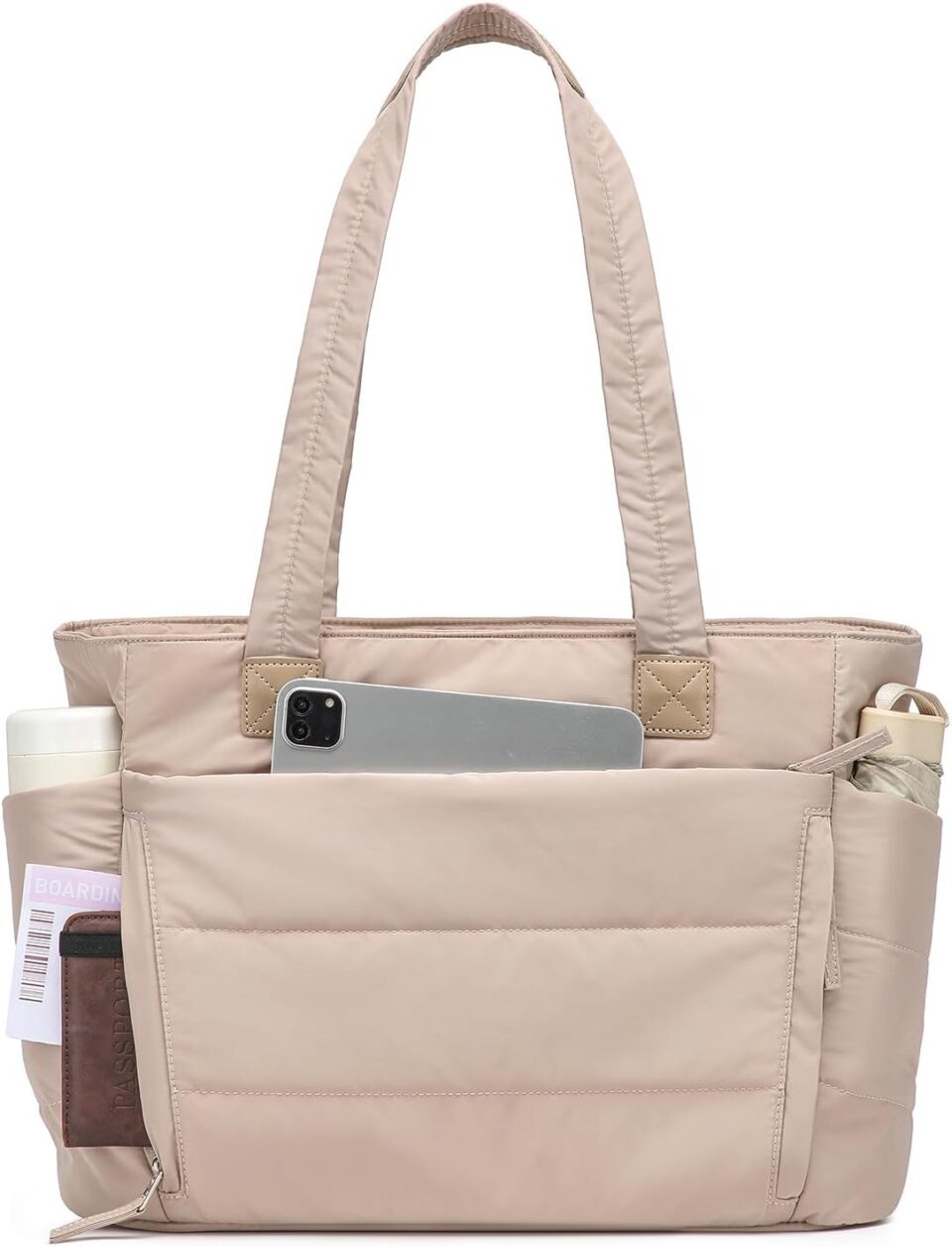 Tote Bag for Women with Zipper, Soft Puffy Bag with 10 Pockets, Quilted Handbag for Travel, Work, Sport, School