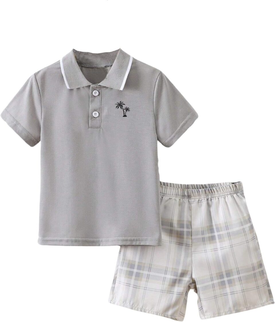 Kids Tween Boy Clothes Casual Short Sleeve Polo Shirt + Plaid Print 2Pcs Shorts Summer Clothing Set
