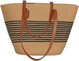 Handwoven Straw Tote Bag with Striped Pattern, Tan and Brown