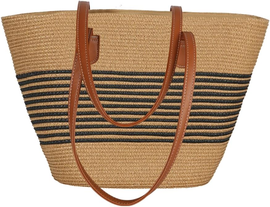 Handwoven Straw Tote Bag with Striped Pattern, Tan and Brown