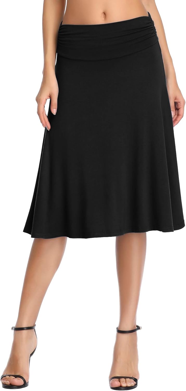 Urban CoCo Women's Ruched High Waist Knee Length Jersey A-Line Stretchy Flared Casual Skirt
