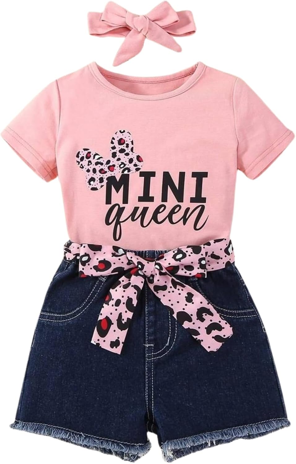 Kids Toddler Girls Summer Clothes Leopard Butterfly Print T-Shirt + Belted Denim Jeans Shorts 3PCS Outfits