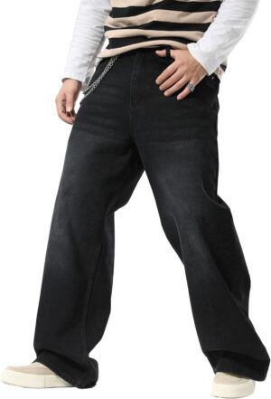 Plaid&Plain Men's Hip Hop Baggy Jeans Casual Wide Leg Y2k Skateboard Vintage Denim Pants Streetwear