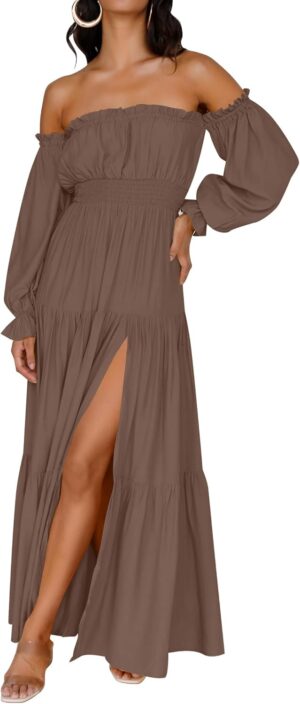 ZESICA Women's 2025 Boho Sexy Off Shoulder Long Sleeve Smocked High Waist Side Split Flowy A Line Tiered Long Maxi Dress