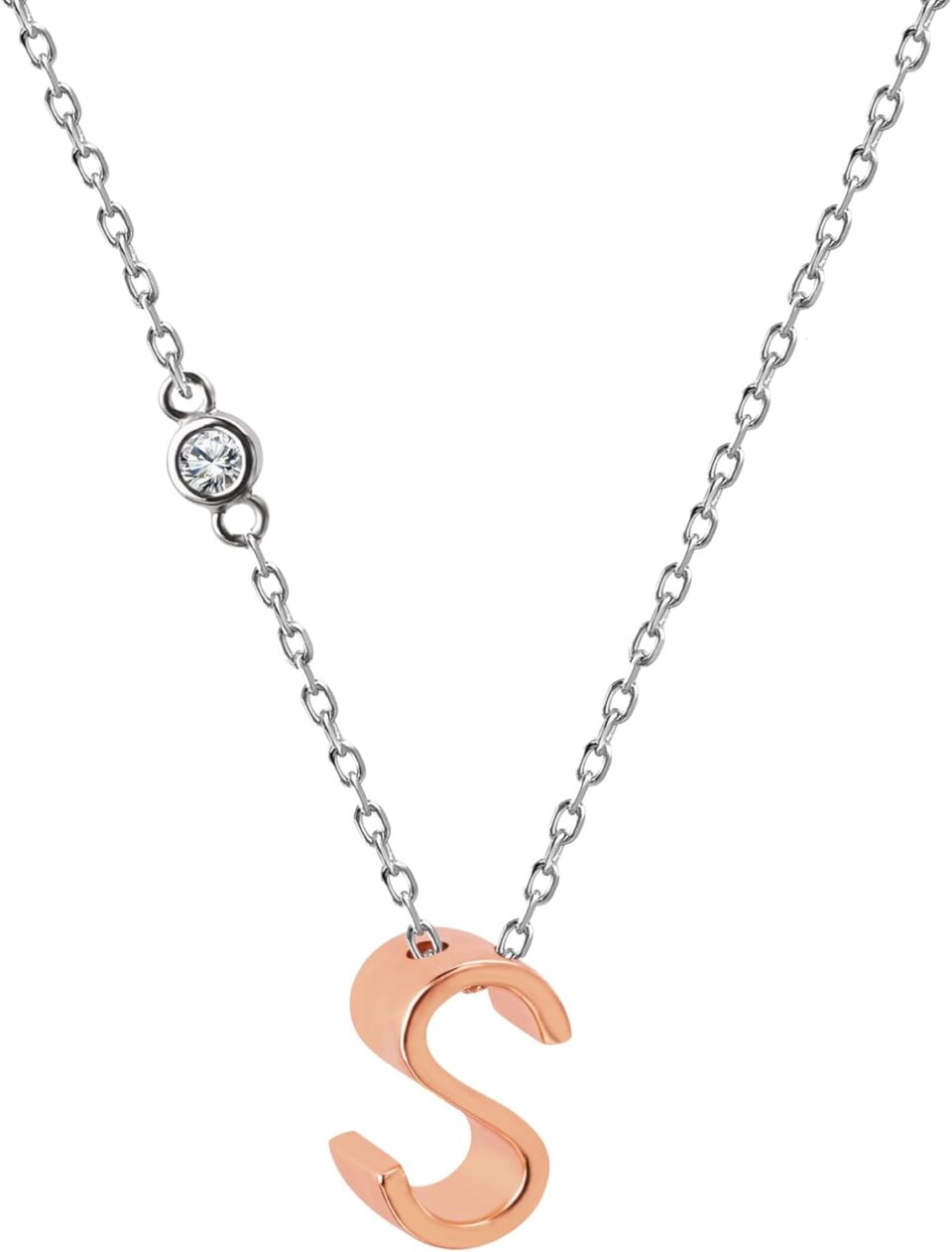Initial Necklace for Women, Rose Gold Plated Letter Pendant with 3mm Zircon & 16+2" Silver-Tone Chain
