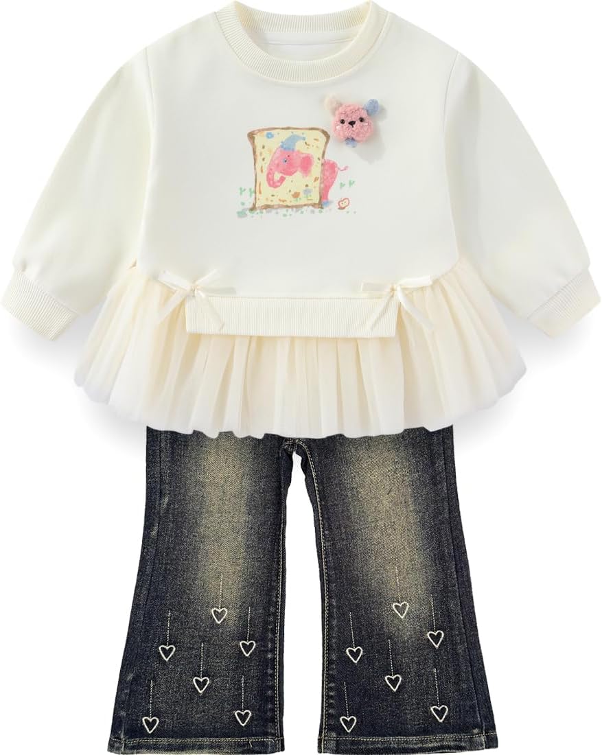 Peacolate 2-7T Spring Fall Little Girls 2pcs Clothing Set Long Sleeve T Shirt and Boot-cut Jeans