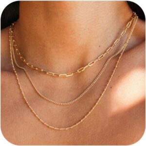 CONRAN KREMIX Waterproof Gold Necklace Layered Necklaces for Women Non Tarnish,18k Gold Plated Stainless Steel Dainty Stack Thin Chain Necklace Set for Women Gifts Jewelry