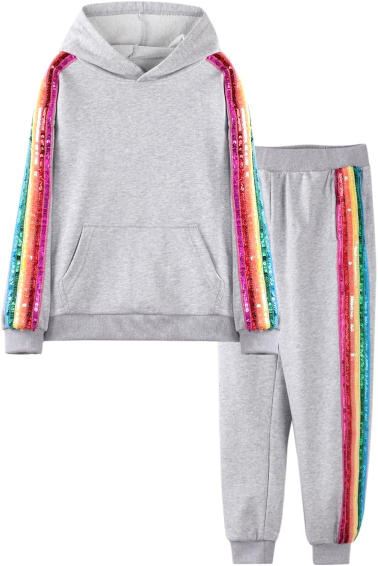WELAKEN Girls 2 Piece Outfit Rainbow Sequin Striped Sweatshirt & Sweatpants Clothing Set