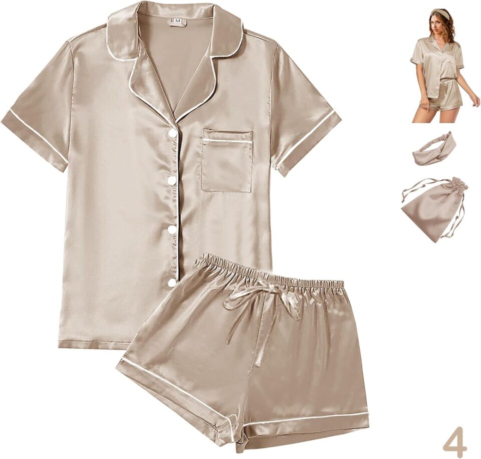 4Pcs Womens Satin Silky Pajama Sets Short Sleeve Shirt XS-4XL Floral Pajamas Set Soft PJ Loungewear Sleepwear