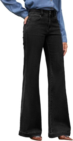 EVALESS Womens Jeans High Waisted Wide Leg Stretchy Baggy Denim Pants with Dual-Button Closure