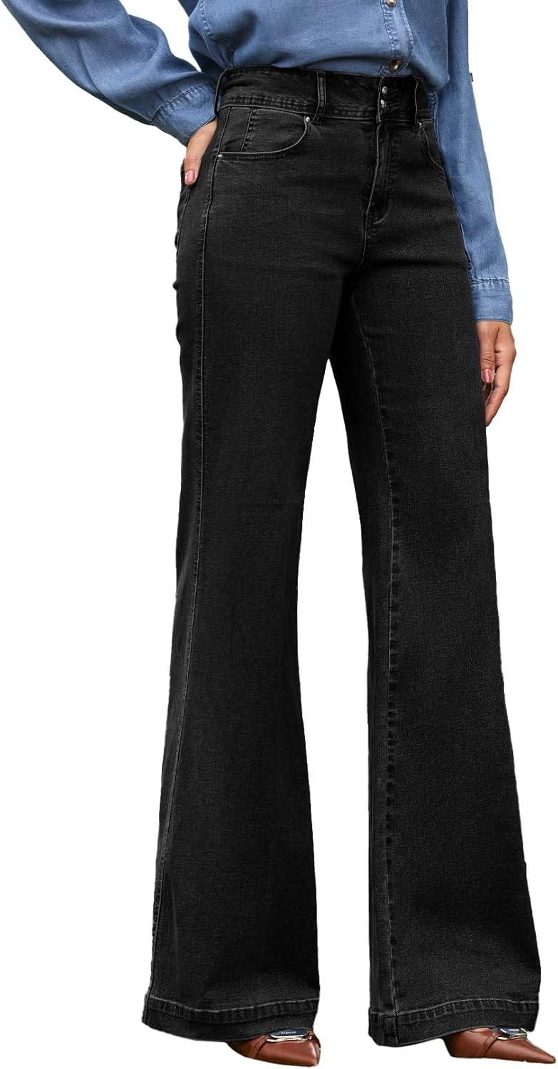 EVALESS Womens Jeans High Waisted Wide Leg Stretchy Baggy Denim Pants with Dual-Button Closure