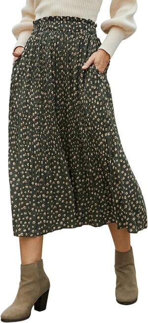 EXLURA Womens High Waist Polka Dot Pleated Maxi Skirt Midi Swing Skirt Beach Vacation Cruise Outfits with Pockets