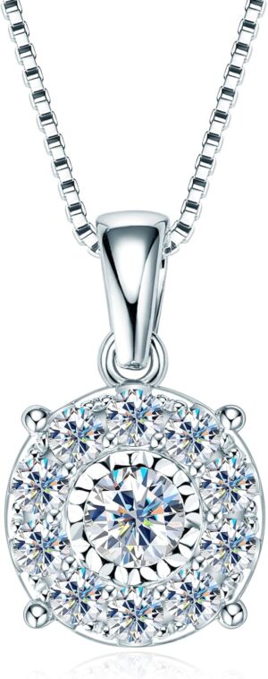 AINUOSHI 1 Carat Moissanite Necklace For Women, D Color Halo Style Pendant Imitation Diamond Cluster S925 Sterling Silver Box Chain 18inch with 2inch Extender Come with GRA Certificate