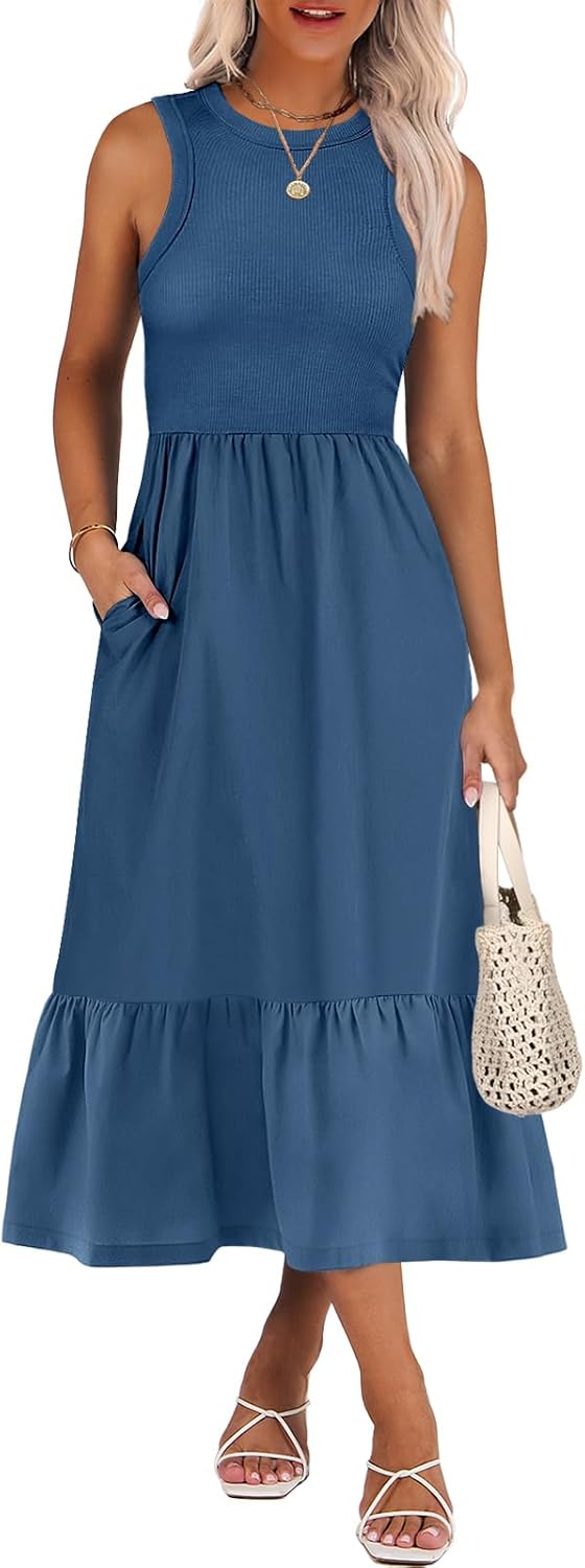 ANRABESS Women Midi Dresses 2025 Summer Casual Sleeveless Sundress High Neck Tank Top Racerback Flowy Beach Dress ＆ Pockets