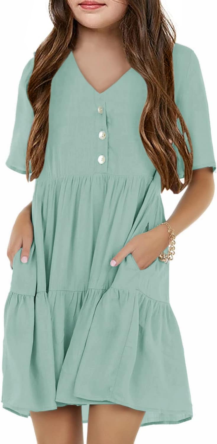 Tymidy Girls Casual Dress Summer Button V Neck Short Sleeve Ruffle Hem Flowy Swing Mini Dresses